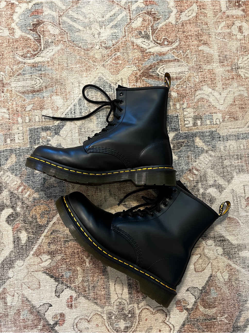 Dr. Martens Black 8-Eye Lace-Up Combat Boots With Yellow Stitching